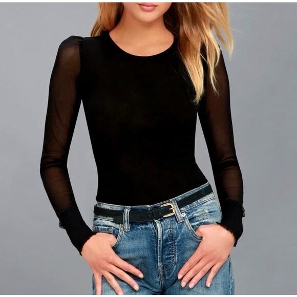Free People Intimately Turn It Up Black Sheer Smocked Long Sleeve Blouse XS - Picture 2 of 8
